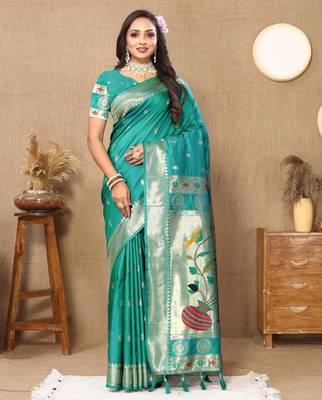 Rama color faux banarasi silk saree with paithani rich weaved pallu and blouse 1