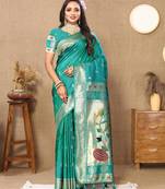 Rama color faux banarasi silk saree with paithani rich weaved pallu and blouse