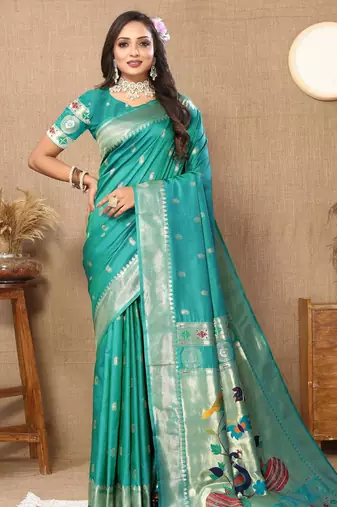 Rama color faux banarasi silk saree with paithani rich weaved pallu and blouse