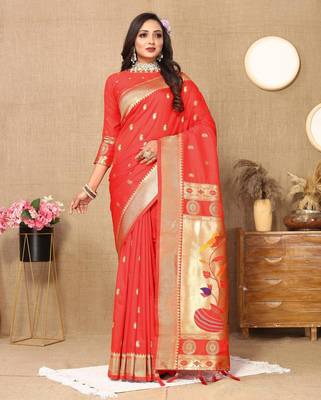 Red color faux banarasi silk saree with paithani rich weaved pallu and blouse 1