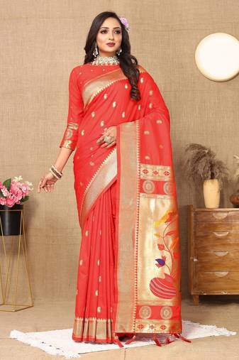 Red color faux banarasi silk saree with paithani rich weaved pallu and blouse