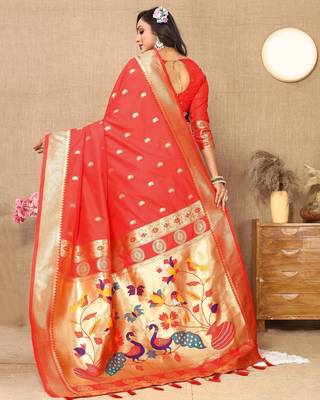 Red color faux banarasi silk saree with paithani rich weaved pallu and blouse 2