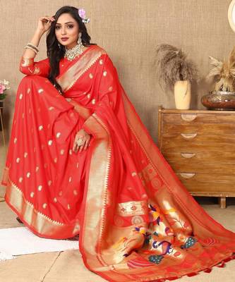 Red color faux banarasi silk saree with paithani rich weaved pallu and blouse 3