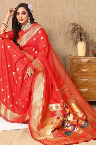 Red color faux banarasi silk saree with paithani rich weaved pallu and blouse