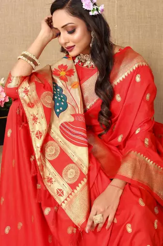 Red color faux banarasi silk saree with paithani rich weaved pallu and blouse