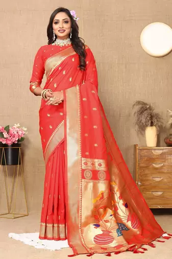 Red color faux banarasi silk saree with paithani rich weaved pallu and blouse