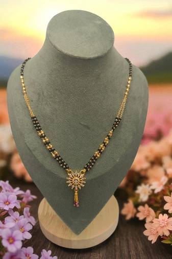 Elegant gold-plated sunflower pendant mangalsutra for women – traditional ad stone jewelry with black beads"