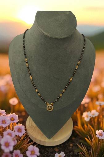 Gold plated ad mangalsutra with teardrop pendant for women | traditional black beads necklace