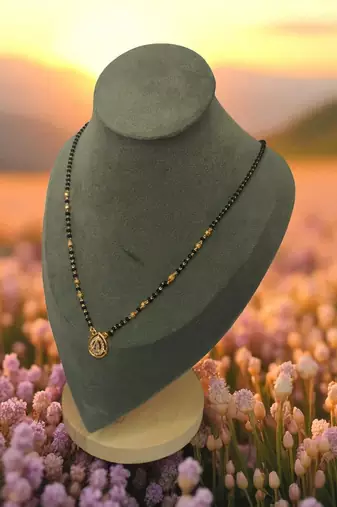 Gold plated ad mangalsutra with teardrop pendant for women | traditional black beads necklace