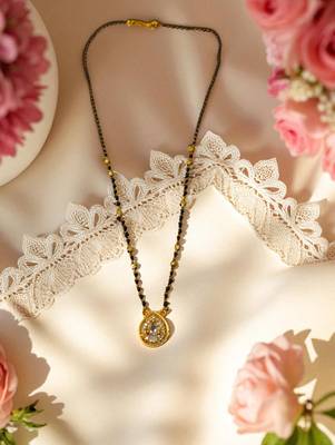 Gold plated ad mangalsutra with teardrop pendant for women | traditional black beads necklace 4
