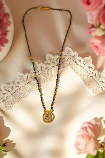 Gold plated ad mangalsutra with teardrop pendant for women | traditional black beads necklace