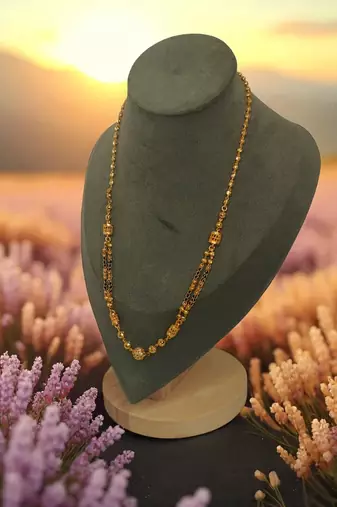 Traditional gold plated double chain mangalsutra for women | black beads with designer beads pendant"