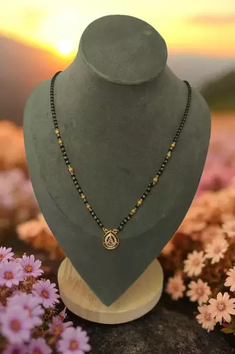 Gold plated ad mangalsutra with teardrop pendant for women | traditional black beads necklace