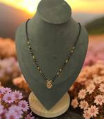 Gold plated ad mangalsutra with teardrop pendant for women | traditional black beads necklace