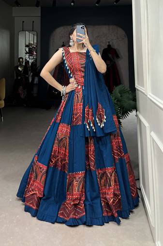 blue Cotton Foil work Chaniya Choli for Garba