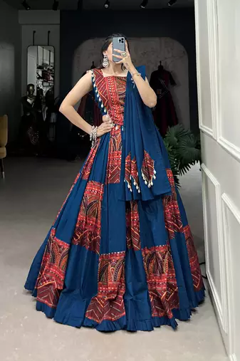 blue Cotton Foil work Chaniya Choli for Garba