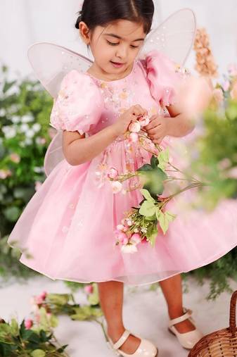 Baby pink organza woven twinkle frock for girls