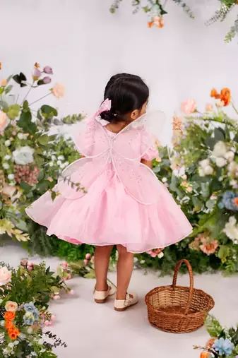 Baby pink organza woven twinkle frock for girls