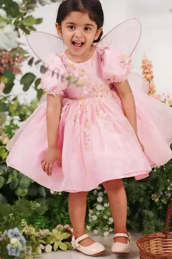 Baby pink organza woven twinkle frock for girls