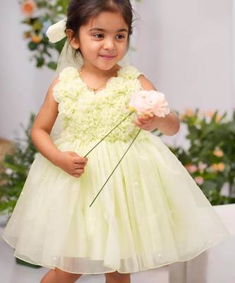light green organza woven kids frock 1