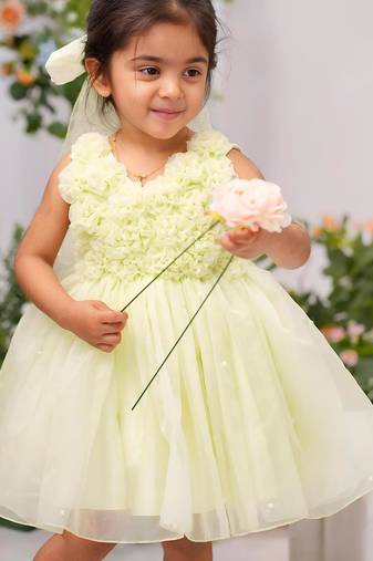 Light green organza woven daffodil frock for girls