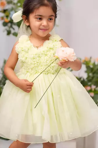 Light green organza woven daffodil frock for girls