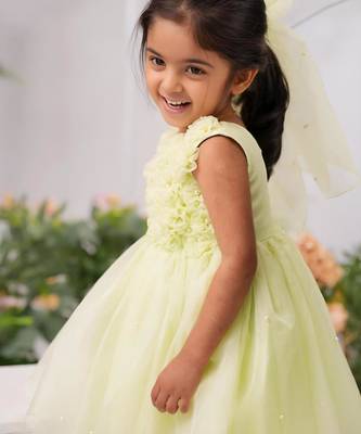 light green organza woven kids frock 2