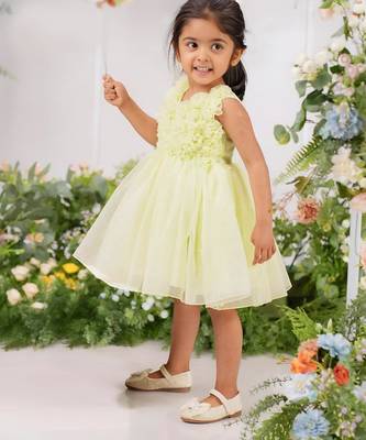 light green organza woven kids frock 3