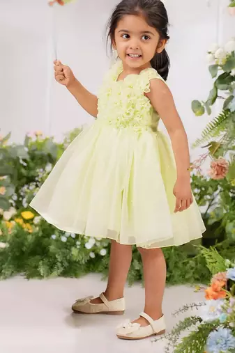 Light green organza woven daffodil frock for girls
