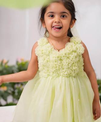light green organza woven kids frock 4