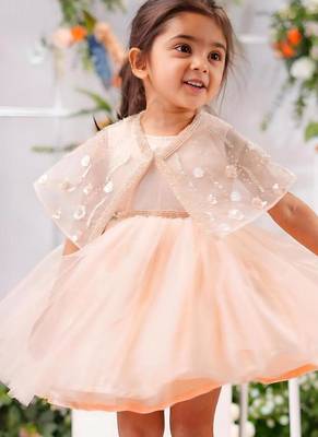 Peach satin woven tulip frock for girls 1