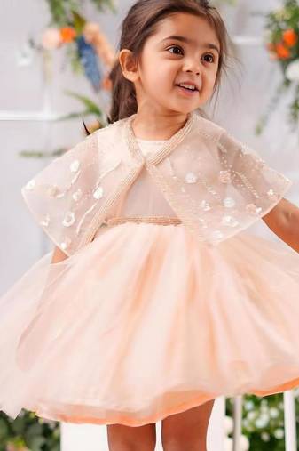 Peach satin woven tulip frock for girls