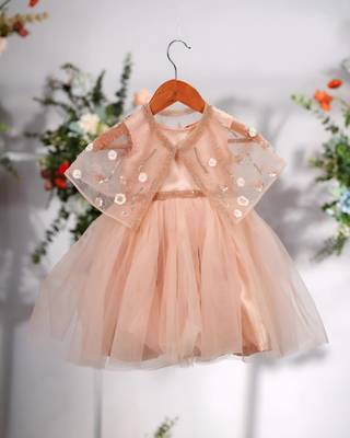 Peach satin woven tulip frock for girls 2