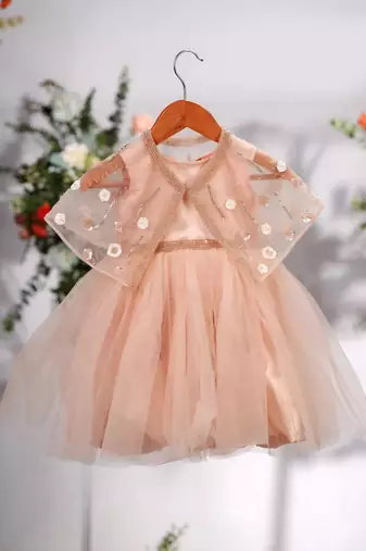 Peach satin woven tulip frock for girls