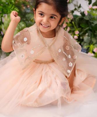 Peach satin woven tulip frock for girls 3
