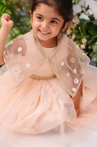 Peach satin woven tulip frock for girls