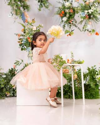 Peach satin woven tulip frock for girls 4