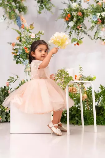 Peach satin woven tulip frock for girls