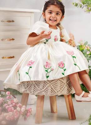 Off white satin printed jasmine gown for girls 1
