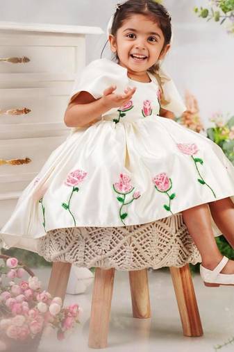 Off white satin printed jasmine gown for girls