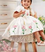 Off white satin printed jasmine gown for girls