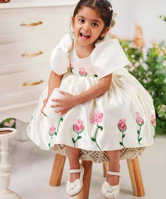 Off white satin printed jasmine gown for girls 2