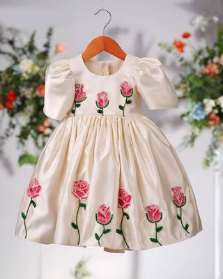 Off white satin printed jasmine gown for girls 3