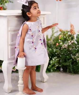 lavender embroidered satin girls frock 1