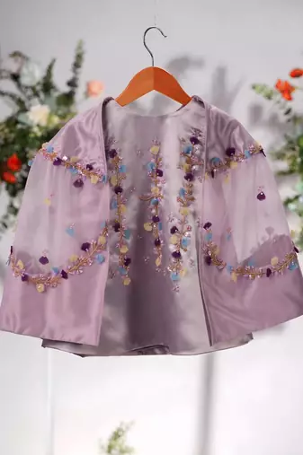 Lavender satin embroidered lavender frock for girls