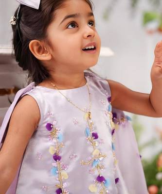 lavender embroidered satin girls frock 3