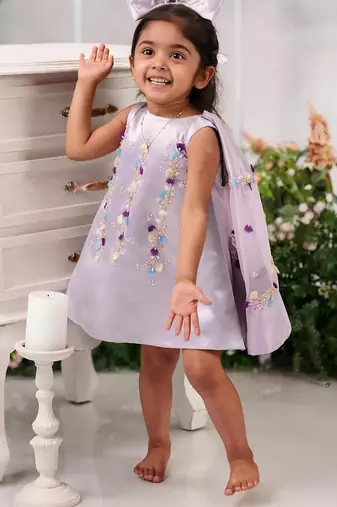 Lavender satin embroidered lavender frock for girls