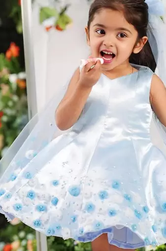 Skyblue satin embroidered sky gown for girls