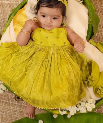 Pistah green tissue embroidered aaradhya frock for girls 1