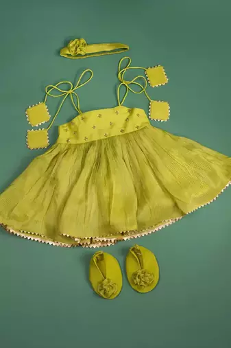 Pistah green tissue embroidered aaradhya frock for girls